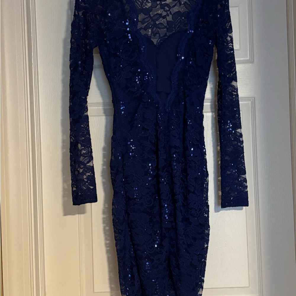 Blue Sequin Embellished Long Sleeve Bodycon Dress